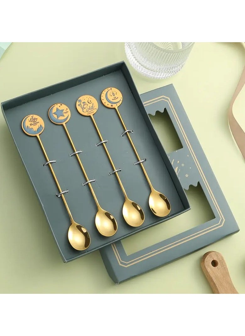 4pcs Set Stainless Steel Dessert Spoons - Camel, Star, Moon, Lighthouse Designs - Golden Finish, Ideal for Cake, Coffee, Ice Cream - Gift Box Included, Coffee Tableware|Whimsical Spoon Designs|Polished Golden Finish, Dessert Table Display Set