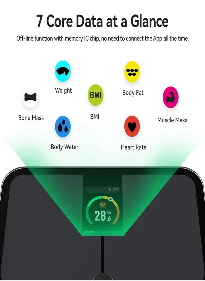 Personal smart body scale upto 180kg 0.1kg ✔️Bluetooth ✔️Large TFT colour screen ✔️ Accurate weight tracking ✔️ Monitors heart rate ✔️ Tracks body fat ✔️ Easy app sync Google Fit, Apple Heatth, Fitbit  ✔️full body report ✔️automatic profile identification