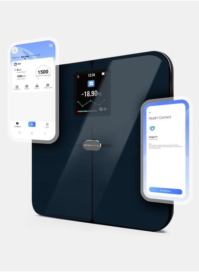 Personal smart body scale upto 180kg 0.1kg ✔️Bluetooth ✔️Large TFT colour screen ✔️ Accurate weight tracking ✔️ Monitors heart rate ✔️ Tracks body fat ✔️ Easy app sync Google Fit, Apple Heatth, Fitbit  ✔️full body report ✔️automatic profile identification