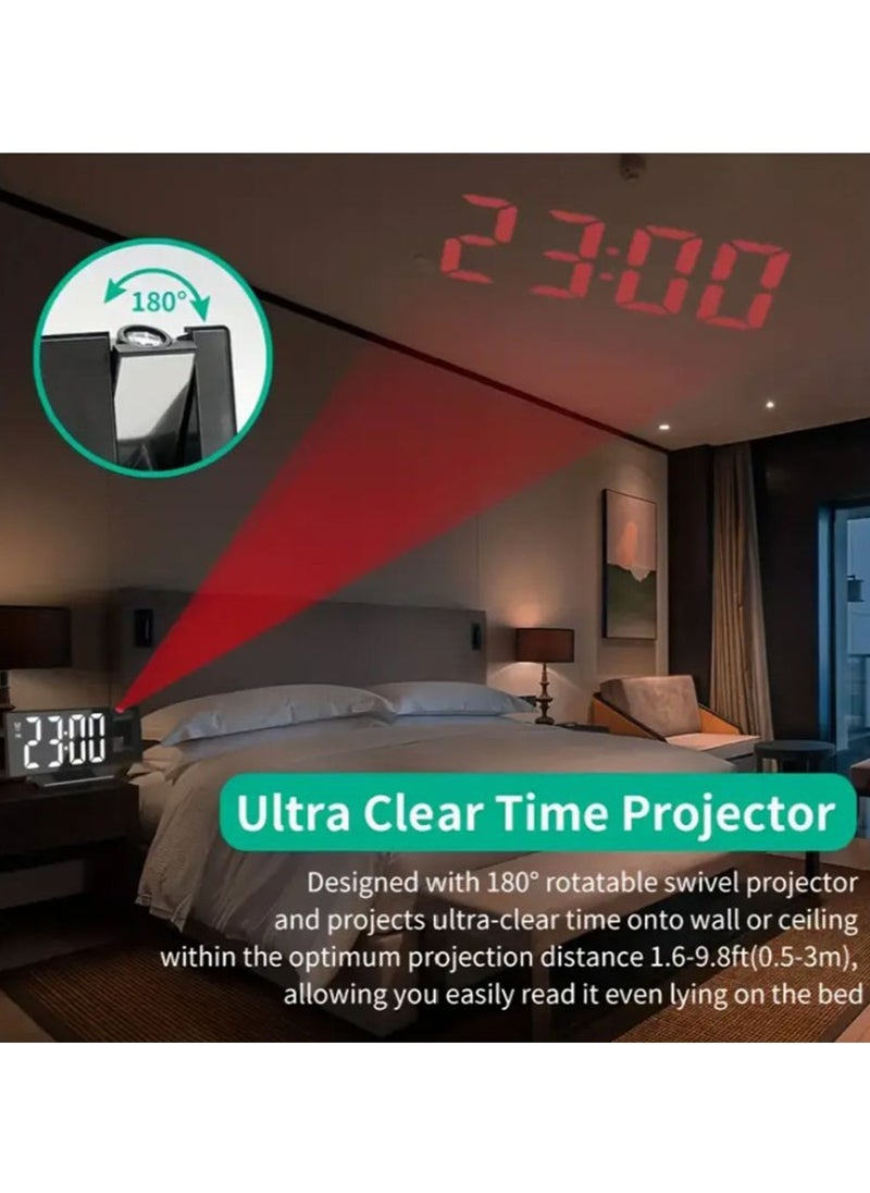 LED MIRROR CLOCK DS 3718LW Projection LED Mirror Clock For Bedroom Port Digital Clock With 180° Projector On Ceiling 12/24h Snooze Dual Alarm Clock For Heavy Sleeper Kids Elderly