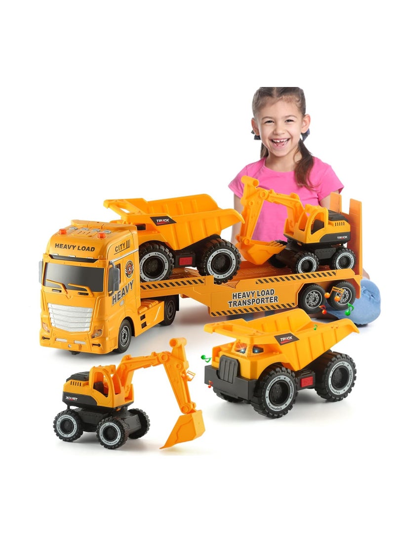 Big Flatbed Heavy Duty Trucks Toys Push & Go Construction Trucks 3 in 1 Includes Excavators Bucket Trucks Sand Trucks in Semi Carrier Truck for Toddlers,Plastic Toy,Gift for Age 3+