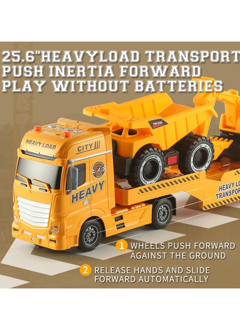 Big Flatbed Heavy Duty Trucks Toys Push & Go Construction Trucks 3 in 1 Includes Excavators Bucket Trucks Sand Trucks in Semi Carrier Truck for Toddlers,Plastic Toy,Gift for Age 3+