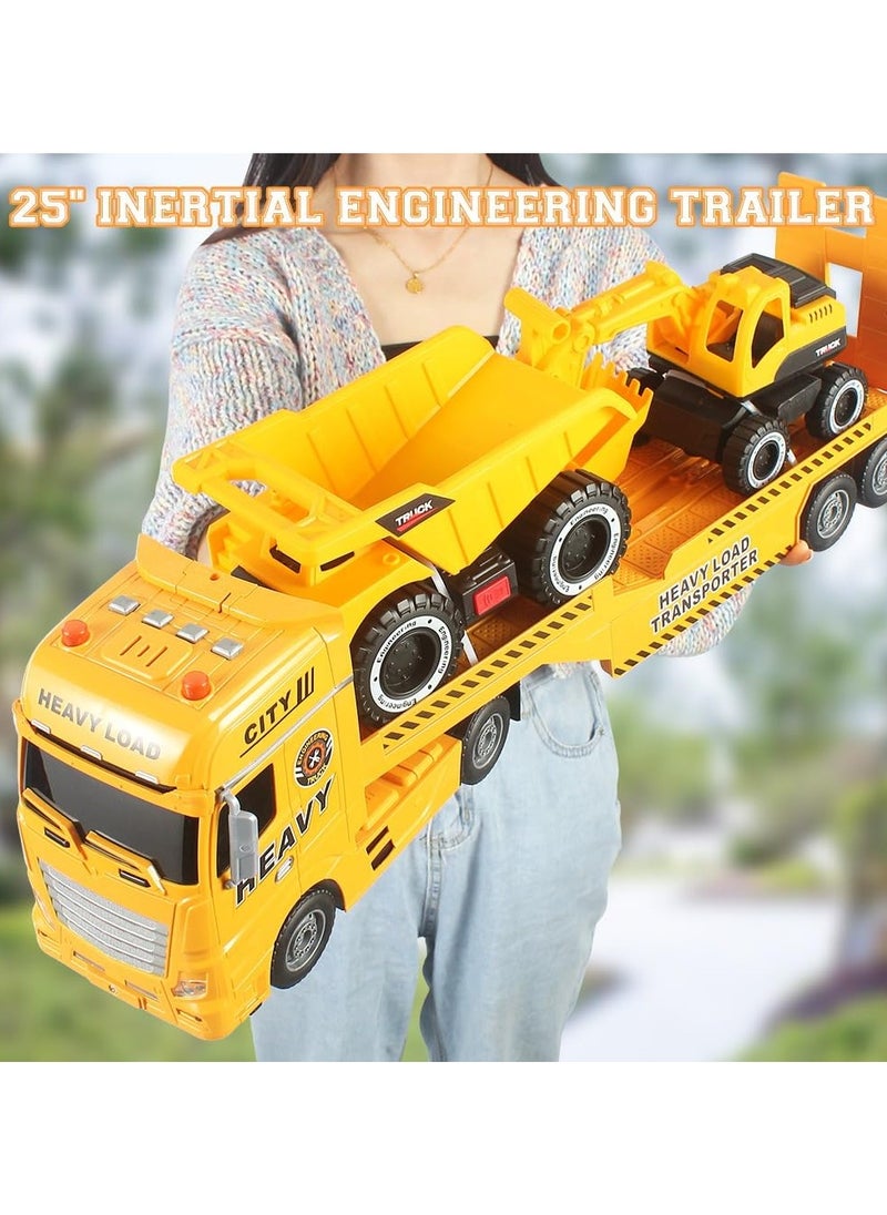 Big Flatbed Heavy Duty Trucks Toys Push & Go Construction Trucks 3 in 1 Includes Excavators Bucket Trucks Sand Trucks in Semi Carrier Truck for Toddlers,Plastic Toy,Gift for Age 3+