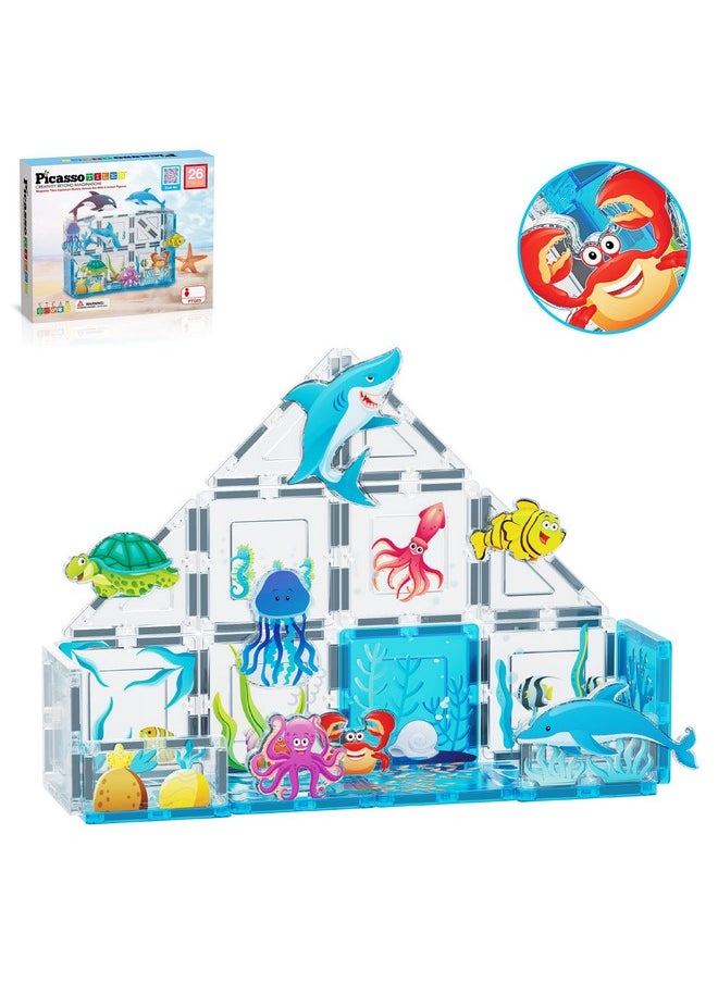 Magnet Tile Building Blocks Marine Animal World Themed Playset With 8 Ocean Character Action Figures Magnetic Tiles Stem Learning Toy Construction Set Toddlers Boys Girls Ages 3+ Ptq25