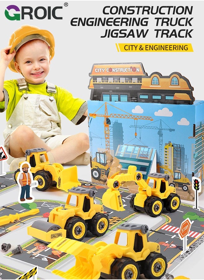 Construction Truck Toys,Kids Engineering Trucks Vehicle with Rollers,Bulldozer,Excavator and Map,Construction Engineering Vehicle Toy Sets