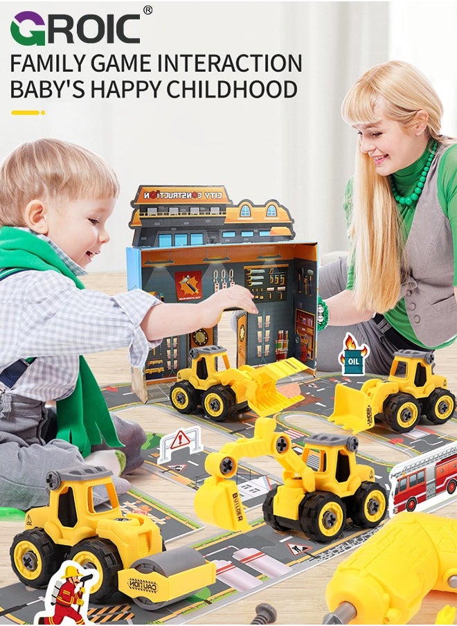 Construction Truck Toys,Kids Engineering Trucks Vehicle with Rollers,Bulldozer,Excavator and Map,Construction Engineering Vehicle Toy Sets