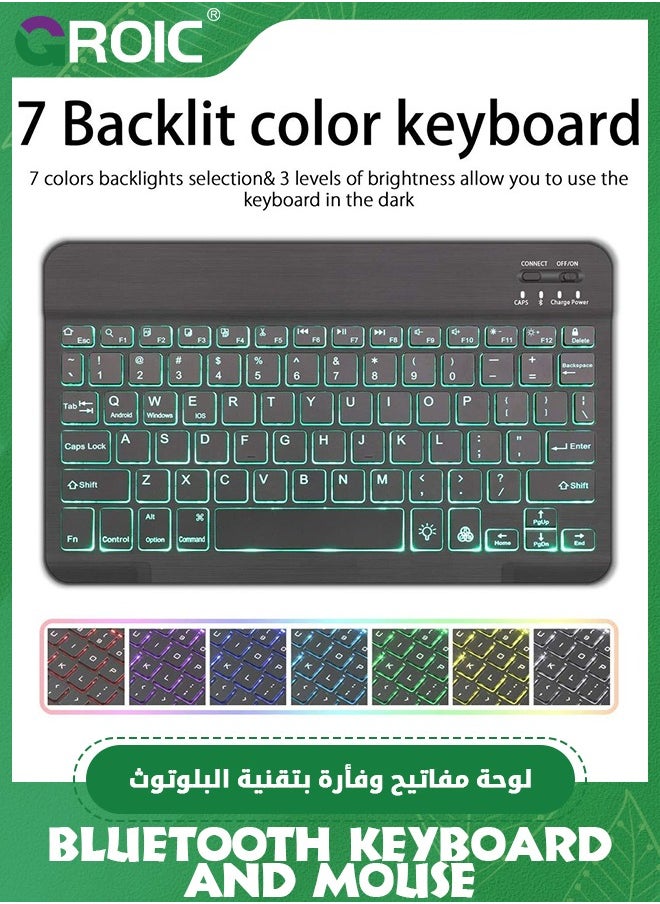 Black Ultra-Slim Bluetooth Keyboard and Mouse Portable Mini Wireless Keyboard Rechargeable 7-Color Backlit for Apple iPad iPhone Samsung Tablet iPhone Smartphone iOS Android Windows, Round Keys