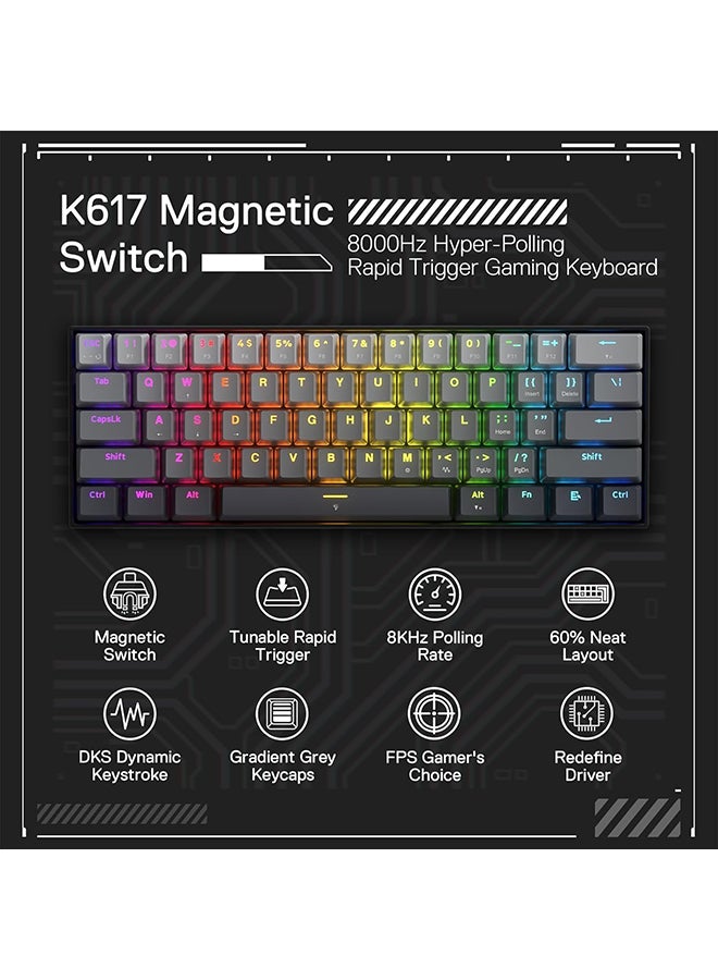 Redragon K617 Magnetic Switch Rapid Trigger Gaming Keyboard, 60% Wired Mechanical Keyboard w/ 8k Hz Polling Rate(0.1ms), Hyper-Fast 0.2mm Actuation Custom Switch Adjustable via Software, Misty Grey