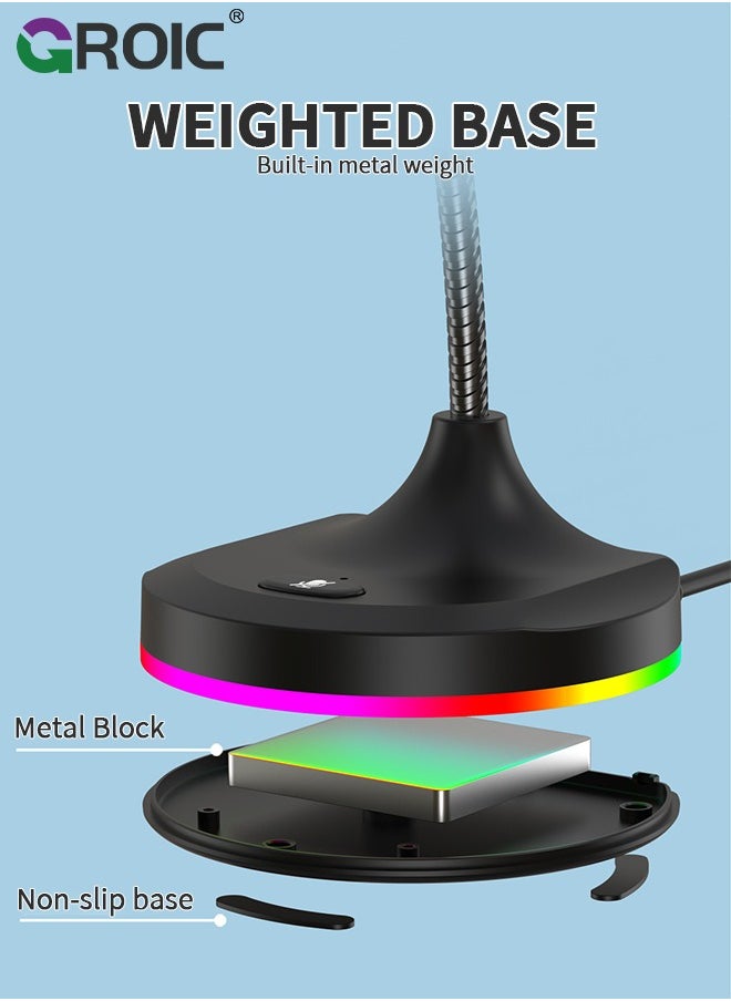 USB Computer Microphone, PC Microphone Mic Desktop with Colorful LED, Omnidirectional Condenser, Plug & Play Stand Compatible with PC, Laptop, Mac, PS4 for Recording, Gaming, Streaming, Podcast