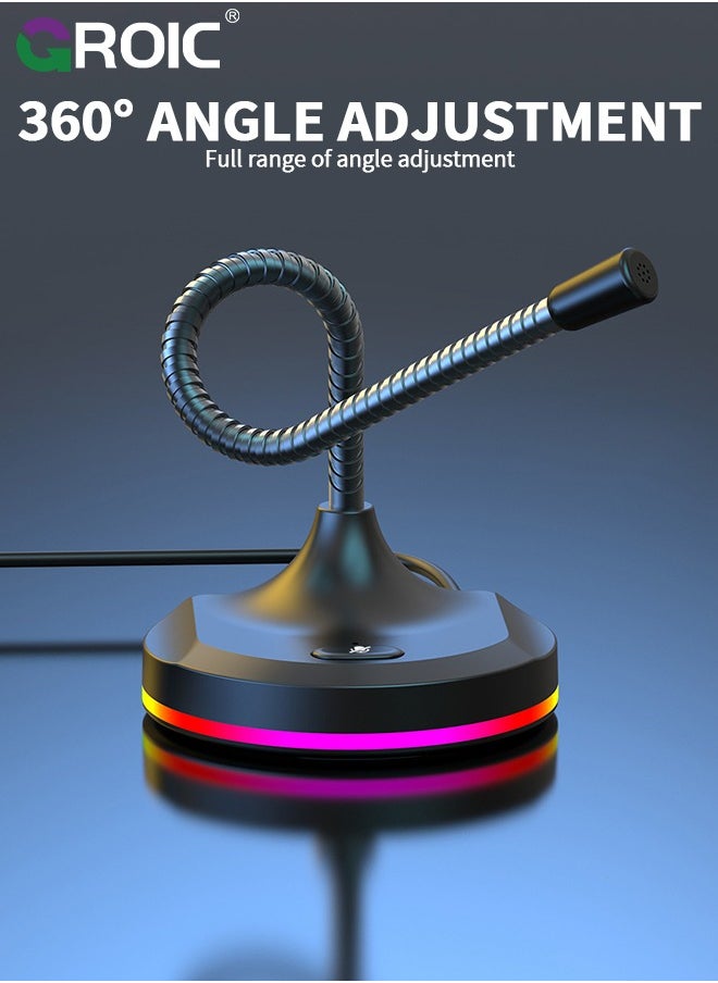 USB Computer Microphone, PC Microphone Mic Desktop with Colorful LED, Omnidirectional Condenser, Plug & Play Stand Compatible with PC, Laptop, Mac, PS4 for Recording, Gaming, Streaming, Podcast