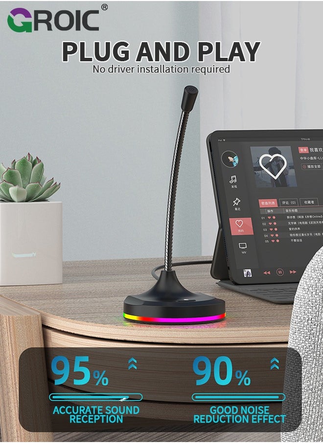USB Computer Microphone, PC Microphone Mic Desktop with Colorful LED, Omnidirectional Condenser, Plug & Play Stand Compatible with PC, Laptop, Mac, PS4 for Recording, Gaming, Streaming, Podcast