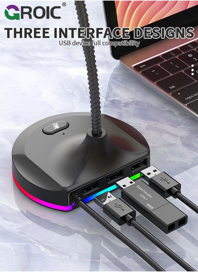 USB Computer Microphone, PC Microphone Mic Desktop with Colorful LED, Omnidirectional Condenser, Plug & Play Stand Compatible with PC, Laptop, Mac, PS4 for Recording, Gaming, Streaming, Podcast