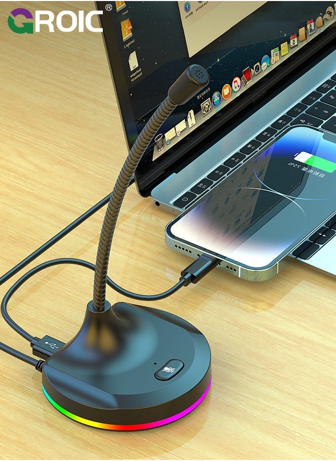 USB Computer Microphone, PC Microphone Mic Desktop with Colorful LED, Omnidirectional Condenser, Plug & Play Stand Compatible with PC, Laptop, Mac, PS4 for Recording, Gaming, Streaming, Podcast