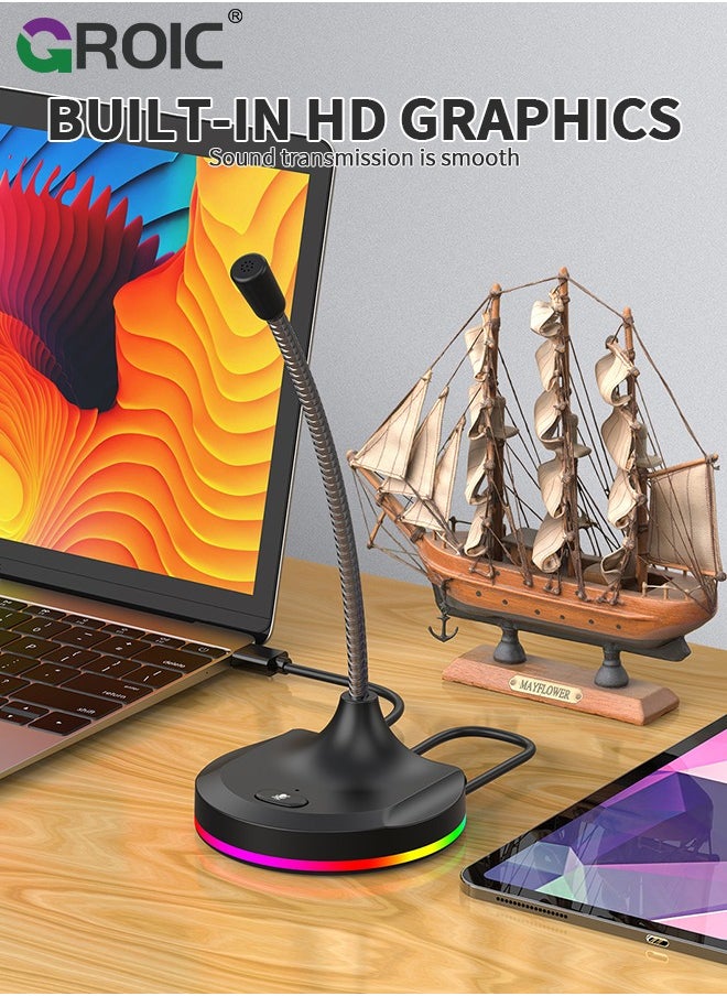 USB Computer Microphone, PC Microphone Mic Desktop with Colorful LED, Omnidirectional Condenser, Plug & Play Stand Compatible with PC, Laptop, Mac, PS4 for Recording, Gaming, Streaming, Podcast