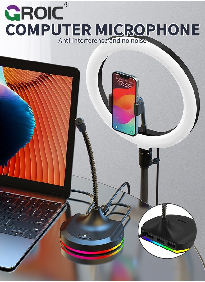 USB Computer Microphone, PC Microphone Mic Desktop with Colorful LED, Omnidirectional Condenser, Plug & Play Stand Compatible with PC, Laptop, Mac, PS4 for Recording, Gaming, Streaming, Podcast