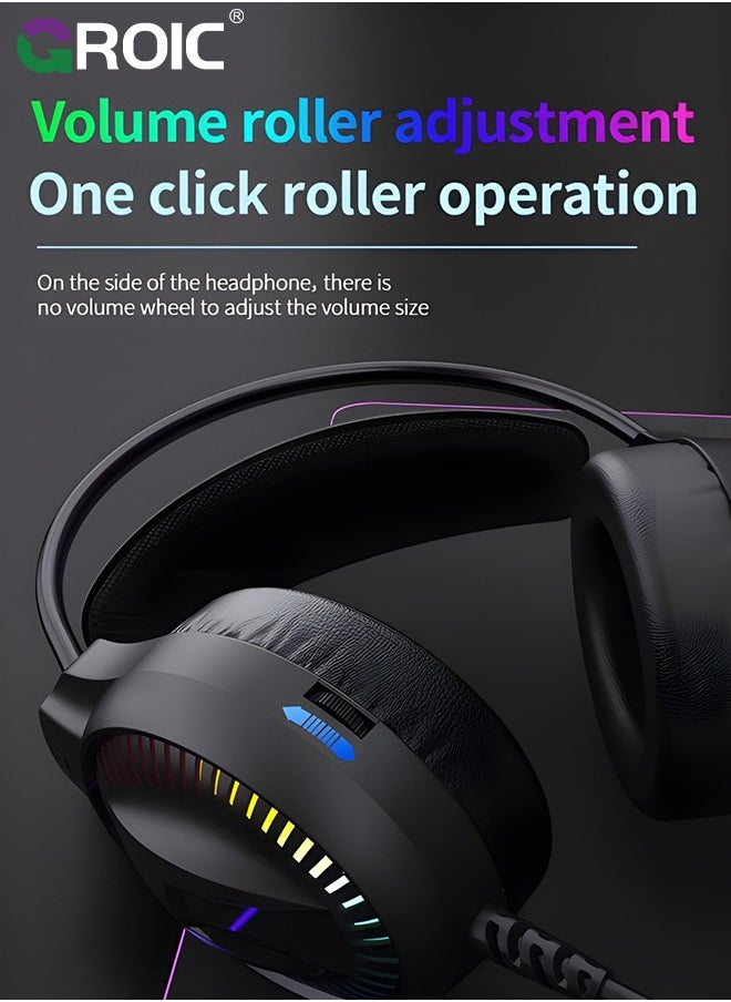 Black Gaming Over Ear Headphone, Suspension Headband, 50Mm Neodymium Drivers, Padded Headband, Lightweight & Comfortable, RGB Lights, Flexible Mic