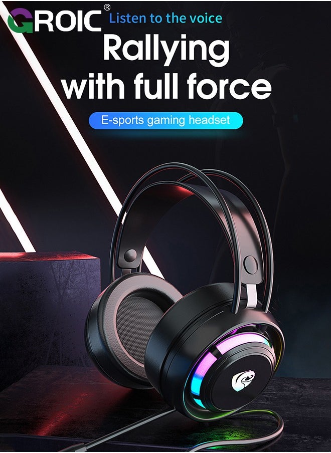 PC Headset with Dynamic Sensory & Noise-Cancelling Mic, 7.1 Surround Sounds, Mute Controls, LED Light, RGB Light for WFH PC, Laptop, Mac