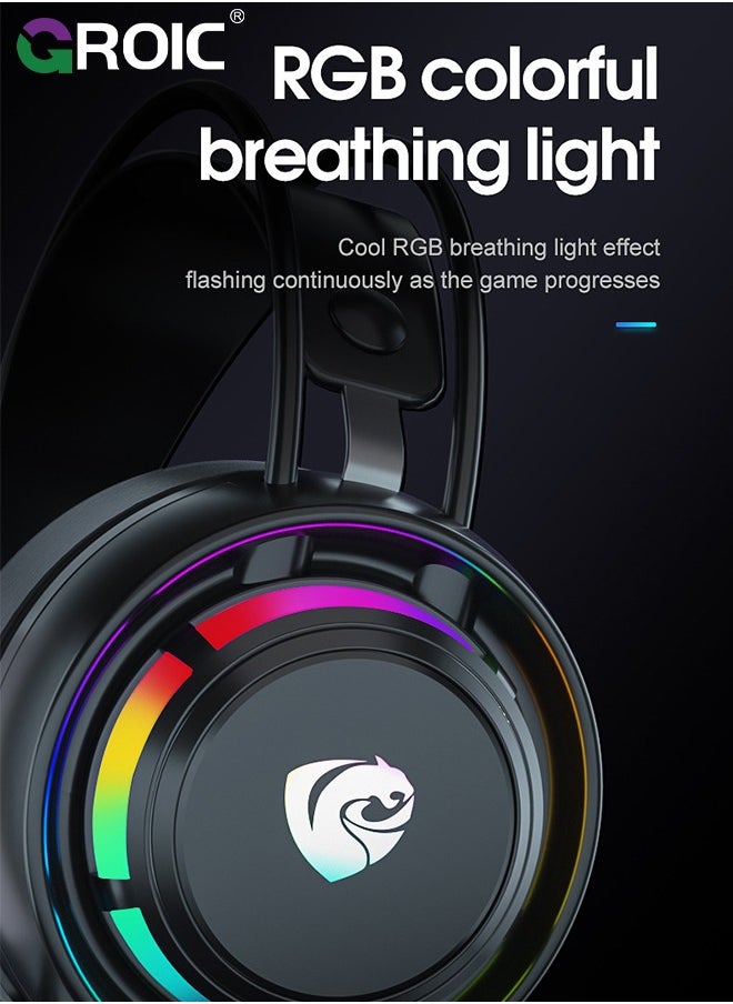 PC Headset with Dynamic Sensory & Noise-Cancelling Mic, 7.1 Surround Sounds, Mute Controls, LED Light, RGB Light for WFH PC, Laptop, Mac