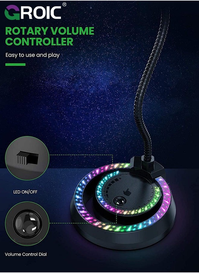 USB Recording Microphone with RGB LED Light Stand for Laptop YouTube Live Broadcast Karaoke Gamers Computer Microphone