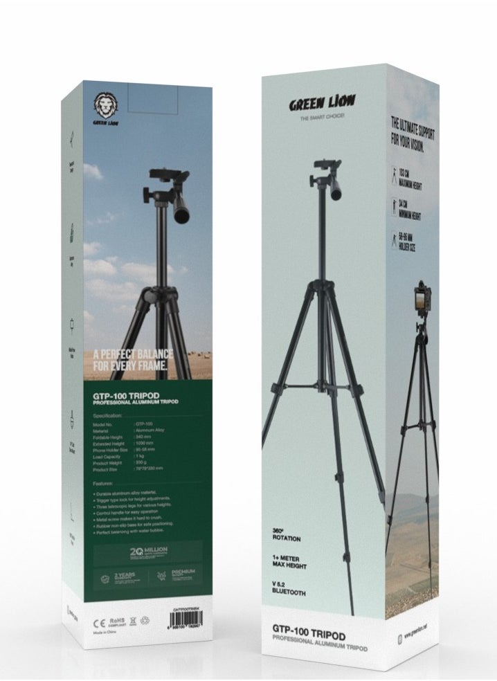 GTP-100 Tripod-Professional Aluminum / Photography/ Videography/ Live streaming / Phone Holder 95-58 mm/ Bluetooth v5.2 / 1 kg Load Capacity / 360° Rotation - Black