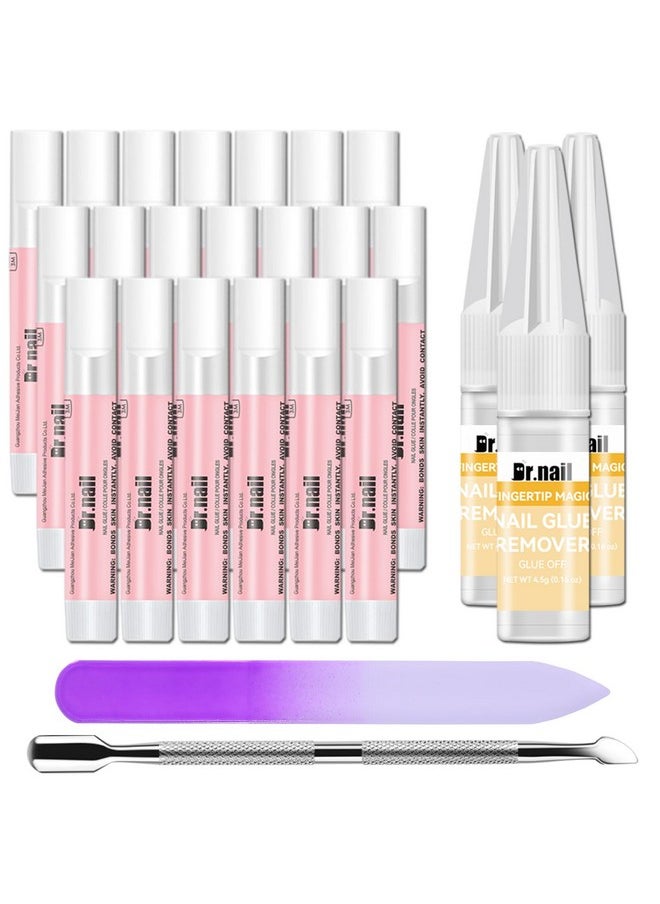 20Pcs Super Strong Nail Glue For Acrylic Nails Press On Nails & Nail Tips - Fake Nail Adhesive And 3Pcs Nail Gule Remover Set Includes Cuticle Pusher And Nail File