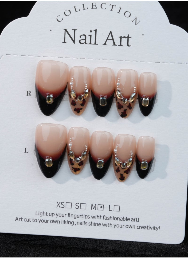 Elegant Leopard French Tip Press-On Nails with Gold and Rhinestone Accents – Black & Nude Gradient