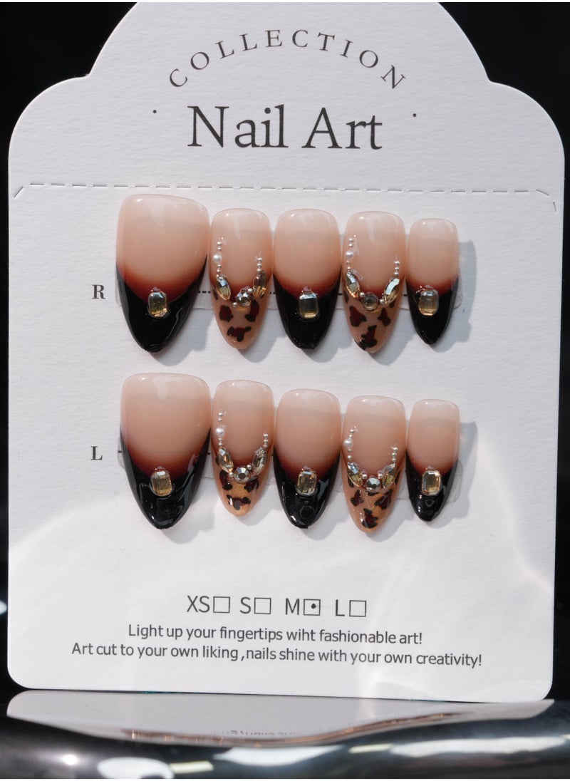 Elegant Leopard French Tip Press-On Nails with Gold and Rhinestone Accents – Black & Nude Gradient