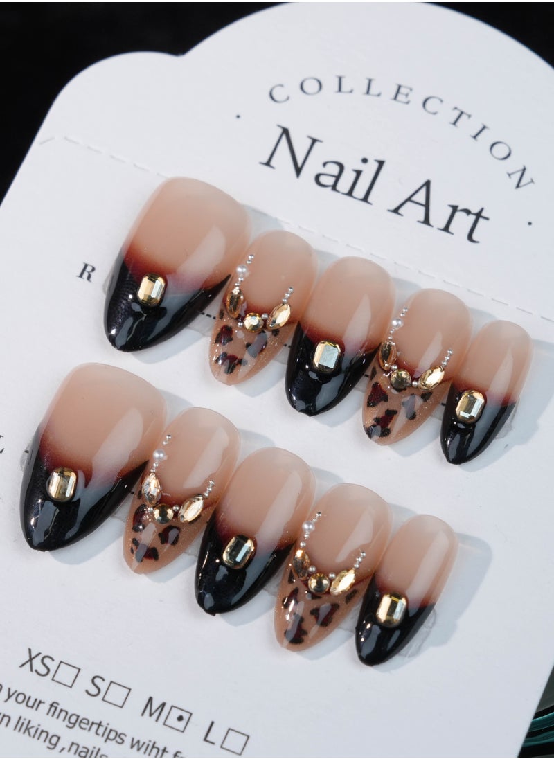 Elegant Leopard French Tip Press-On Nails with Gold and Rhinestone Accents – Black & Nude Gradient