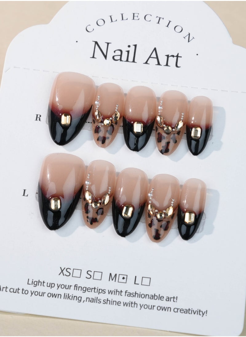 Elegant Leopard French Tip Press-On Nails with Gold and Rhinestone Accents – Black & Nude Gradient