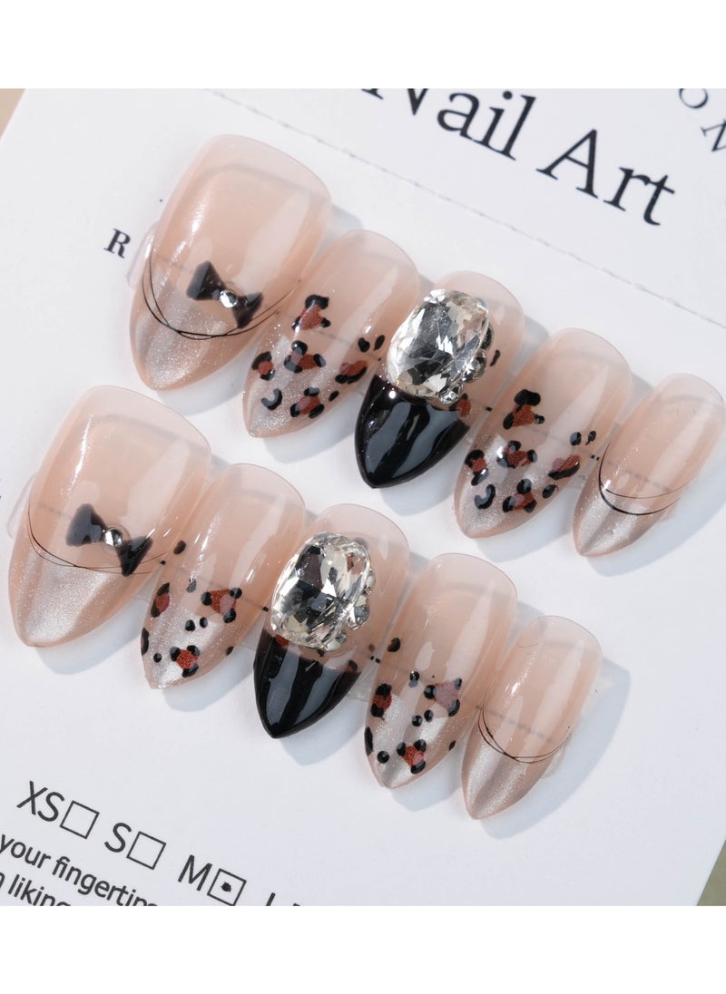 Chic Leopard Rhinestone French Tip Press-On Nails – Nude and Black Gradient with Bow Details