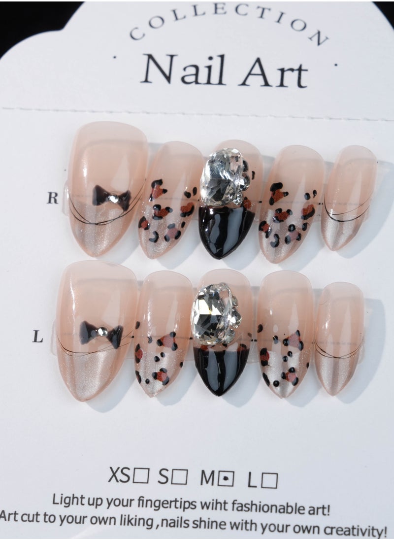 Chic Leopard Rhinestone French Tip Press-On Nails – Nude and Black Gradient with Bow Details