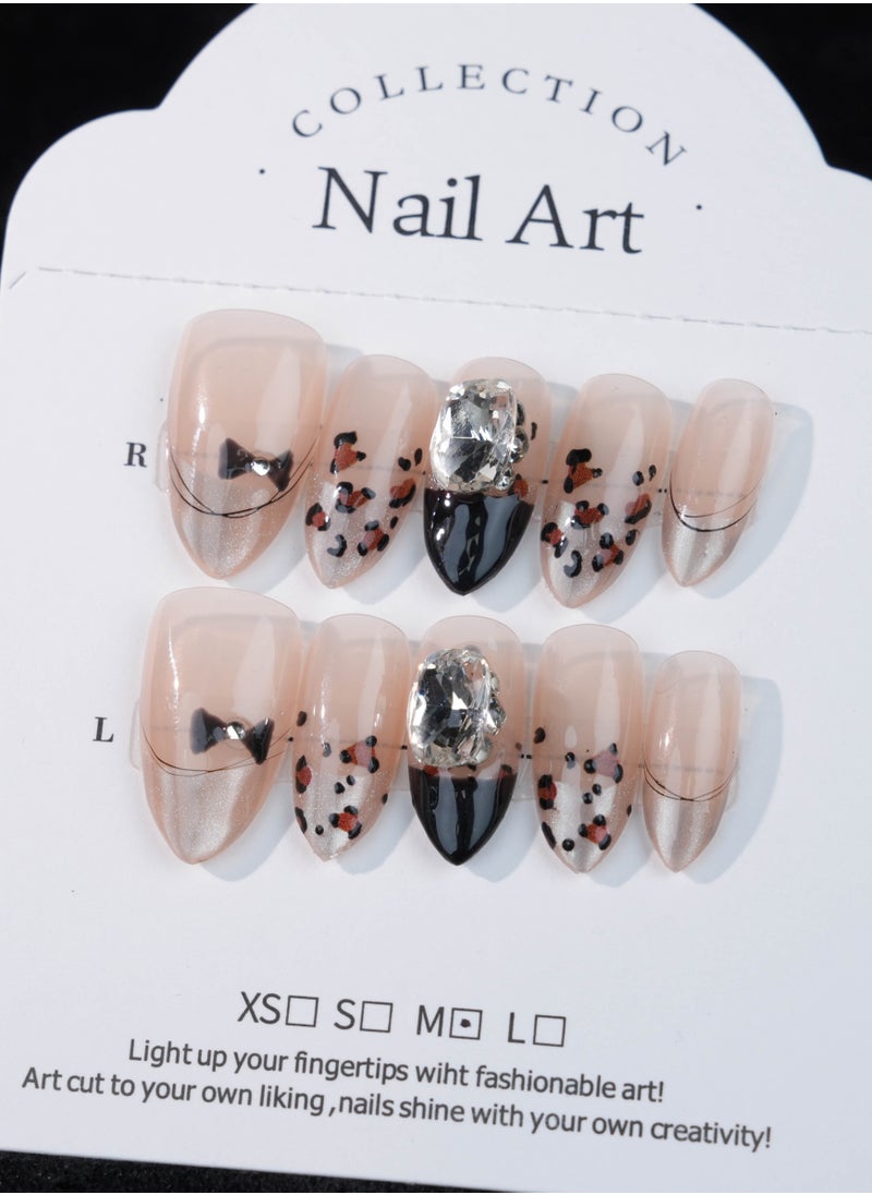 Chic Leopard Rhinestone French Tip Press-On Nails – Nude and Black Gradient with Bow Details