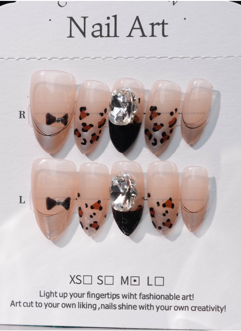 Chic Leopard Rhinestone French Tip Press-On Nails – Nude and Black Gradient with Bow Details