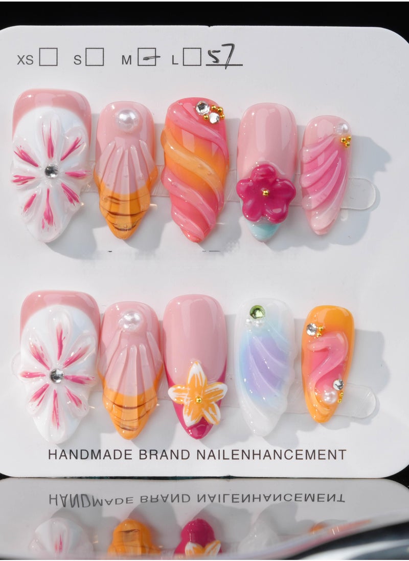 Colorful Floral 3D Press-On Nails – Handcrafted Gradient and Flower Design with Rhinestone Accents