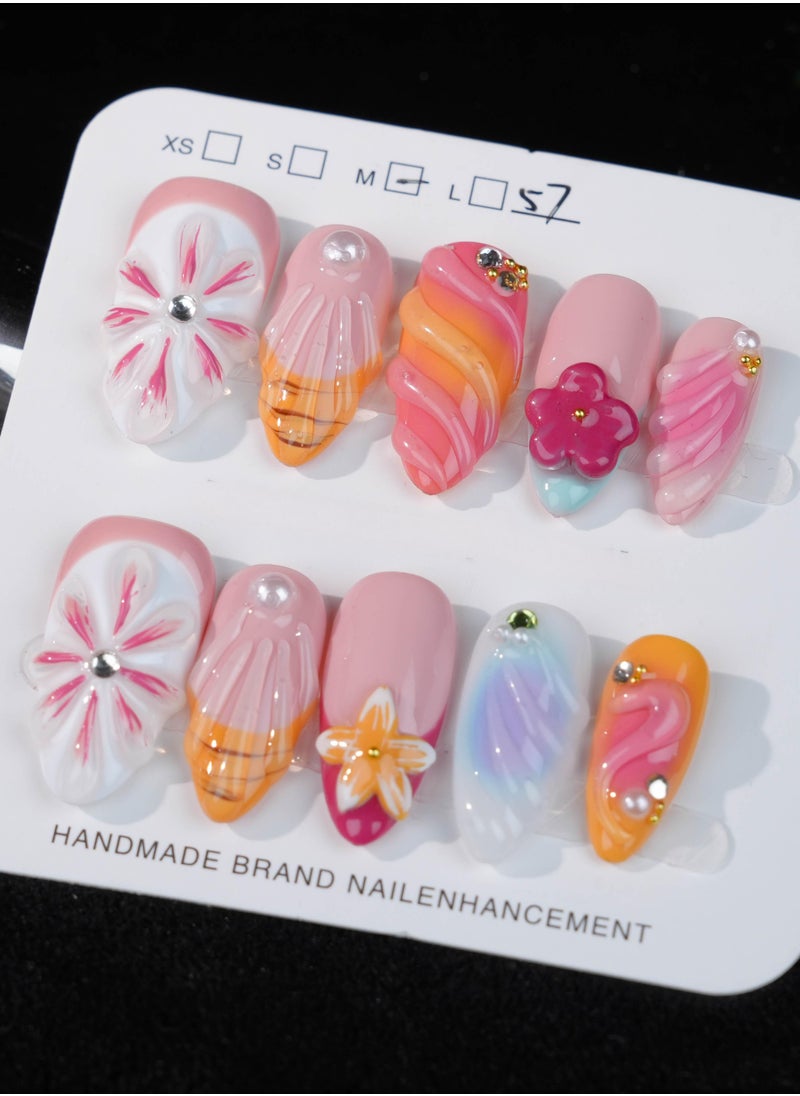 Colorful Floral 3D Press-On Nails – Handcrafted Gradient and Flower Design with Rhinestone Accents