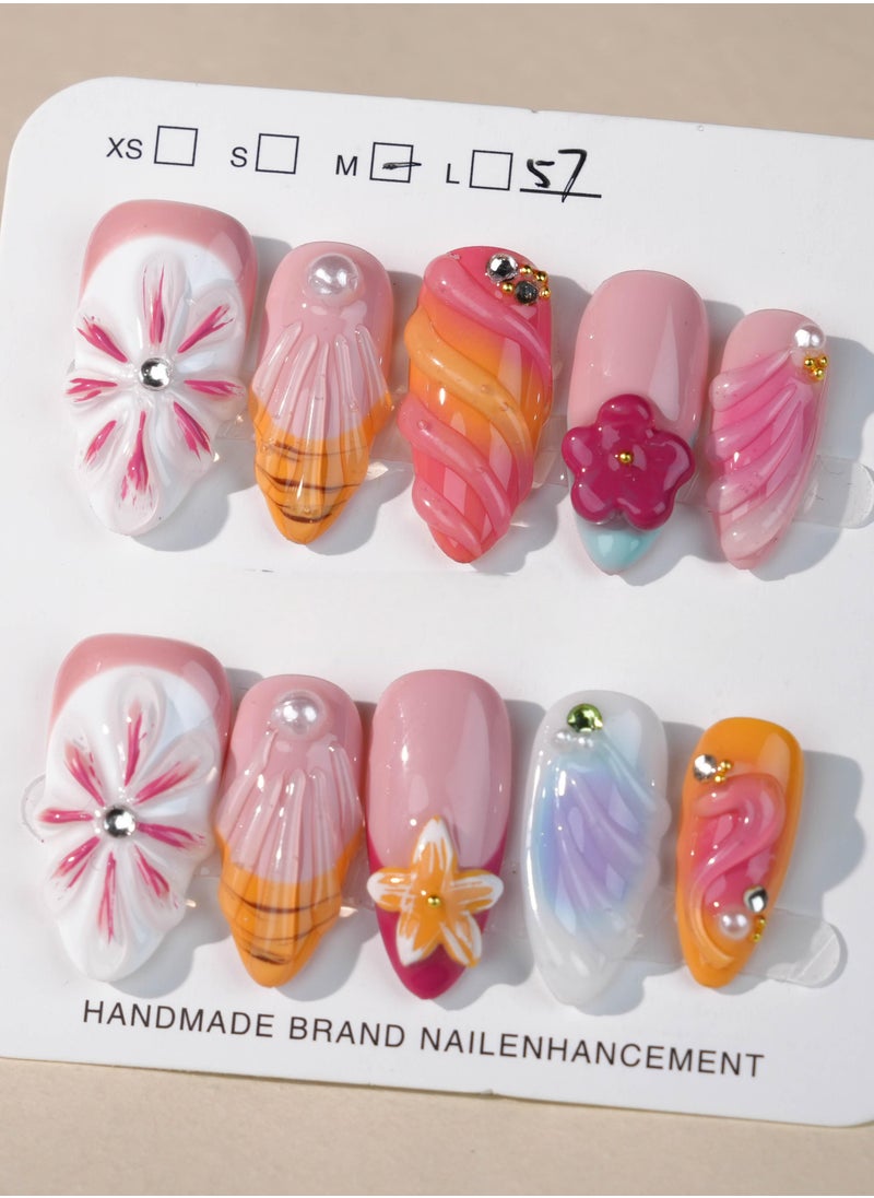 Colorful Floral 3D Press-On Nails – Handcrafted Gradient and Flower Design with Rhinestone Accents