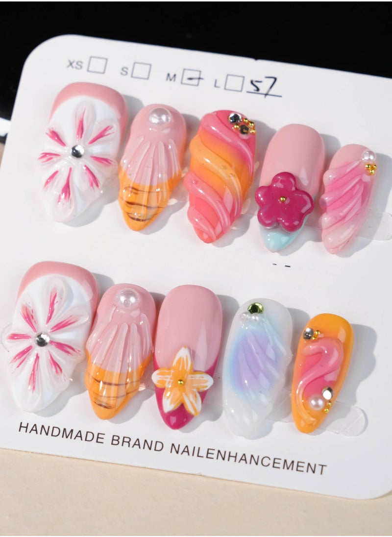 Colorful Floral 3D Press-On Nails – Handcrafted Gradient and Flower Design with Rhinestone Accents