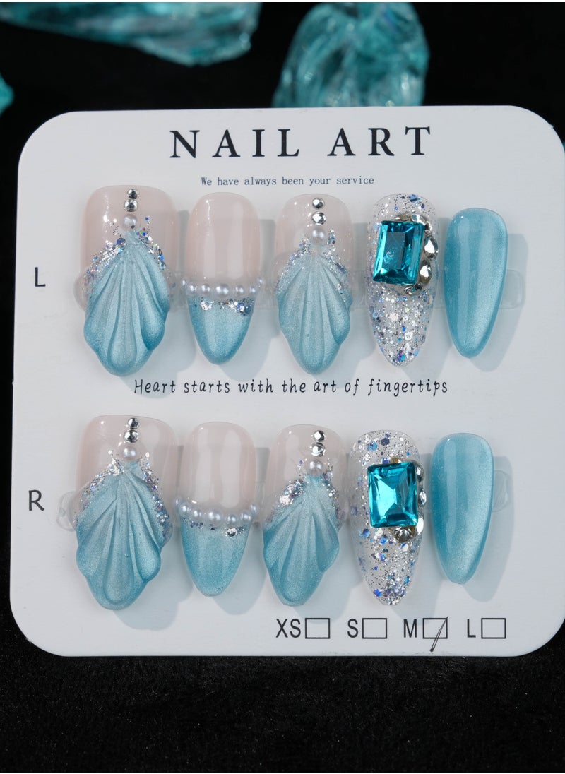 Elegant Ocean-Themed Press-On Nails – Blue Shell Design with Glitter and Rhinestone Accents