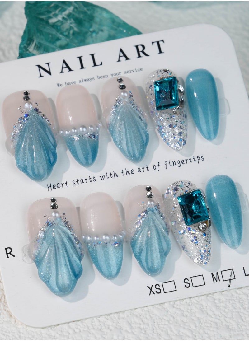 Elegant Ocean-Themed Press-On Nails – Blue Shell Design with Glitter and Rhinestone Accents