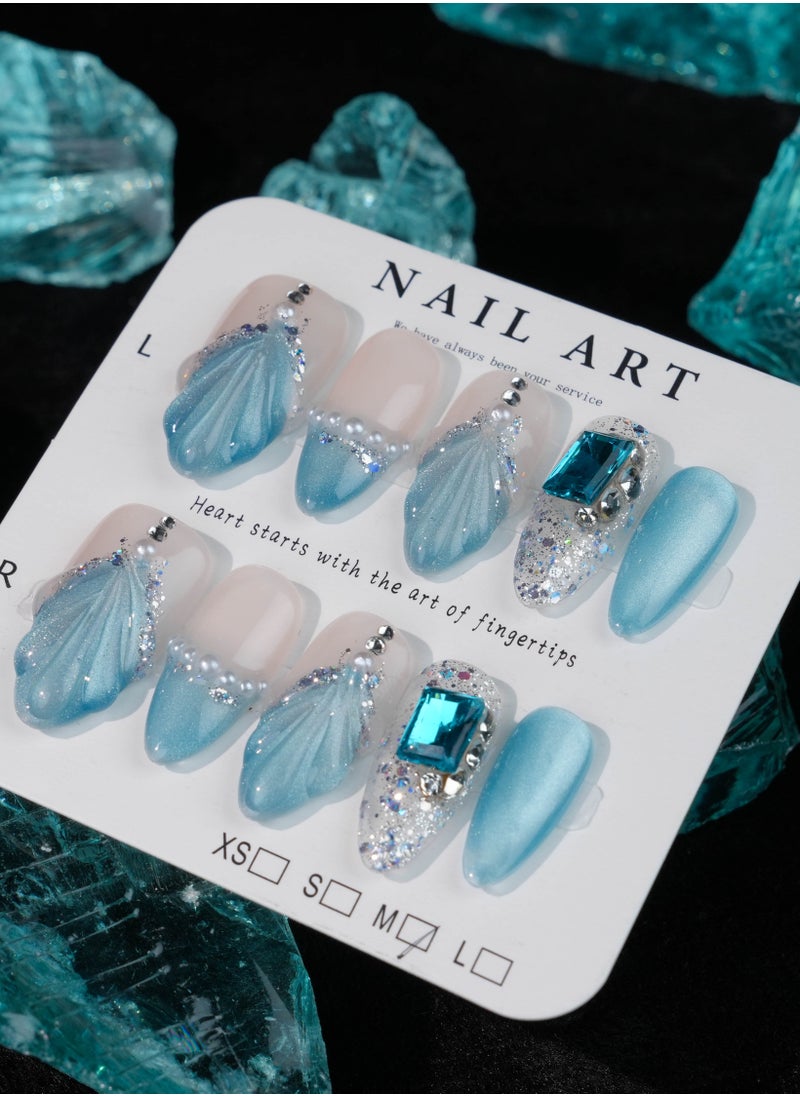 Elegant Ocean-Themed Press-On Nails – Blue Shell Design with Glitter and Rhinestone Accents