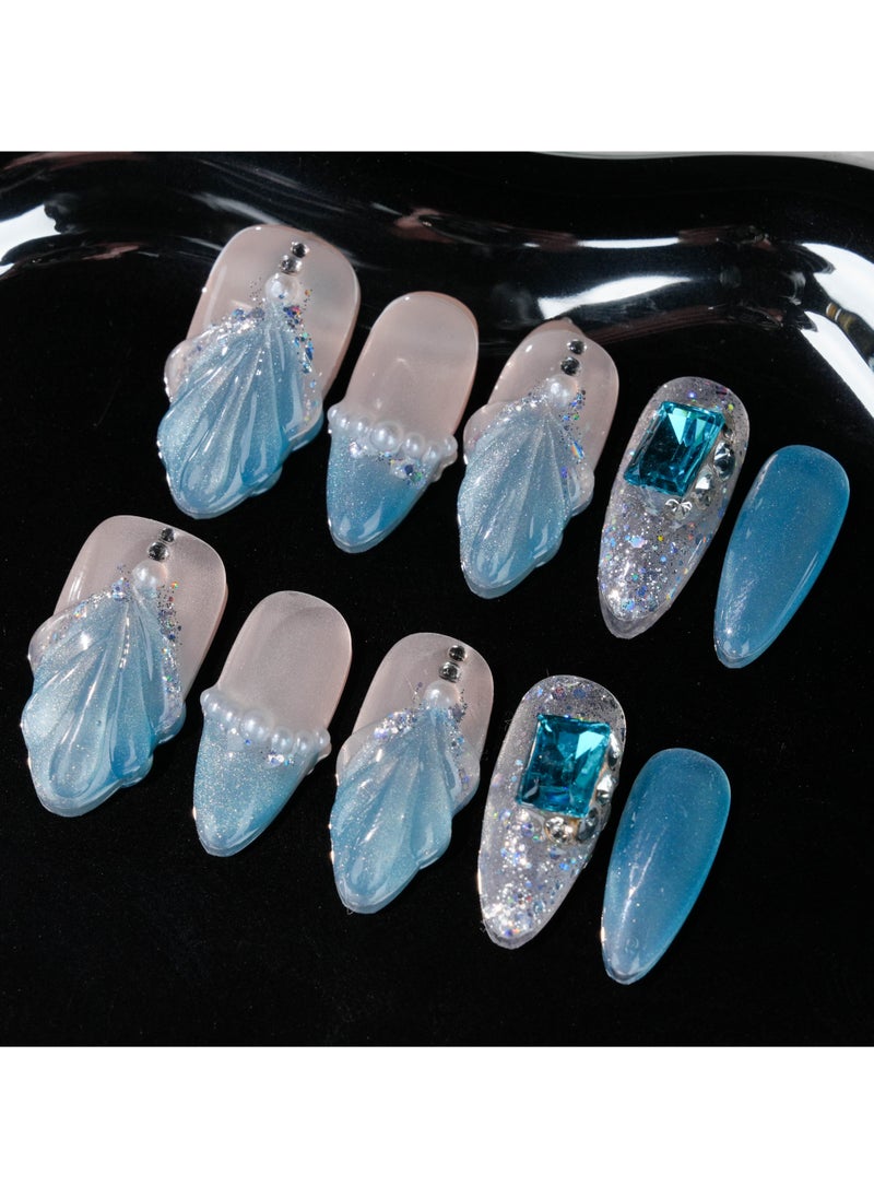 Elegant Ocean-Themed Press-On Nails – Blue Shell Design with Glitter and Rhinestone Accents