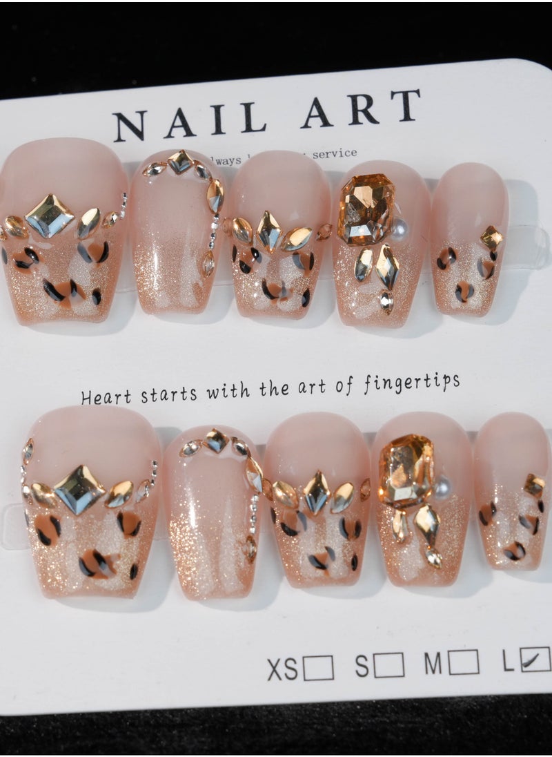 Luxurious Leopard Glitter Press-On Nails – Nude and Gold with Rhinestone Accents