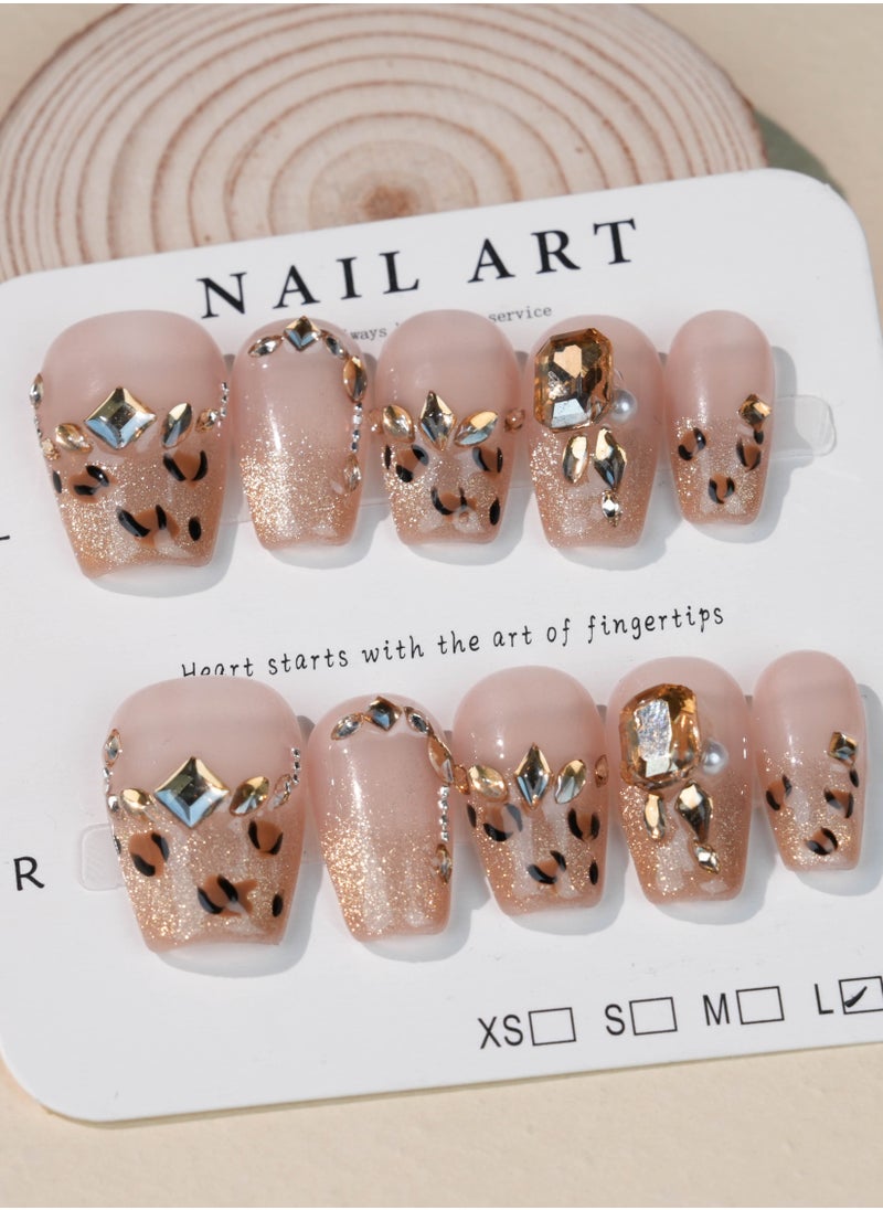 Luxurious Leopard Glitter Press-On Nails – Nude and Gold with Rhinestone Accents