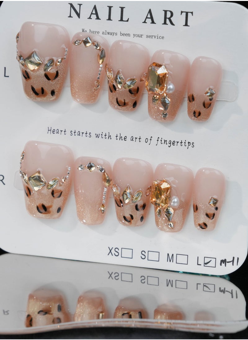 Luxurious Leopard Glitter Press-On Nails – Nude and Gold with Rhinestone Accents