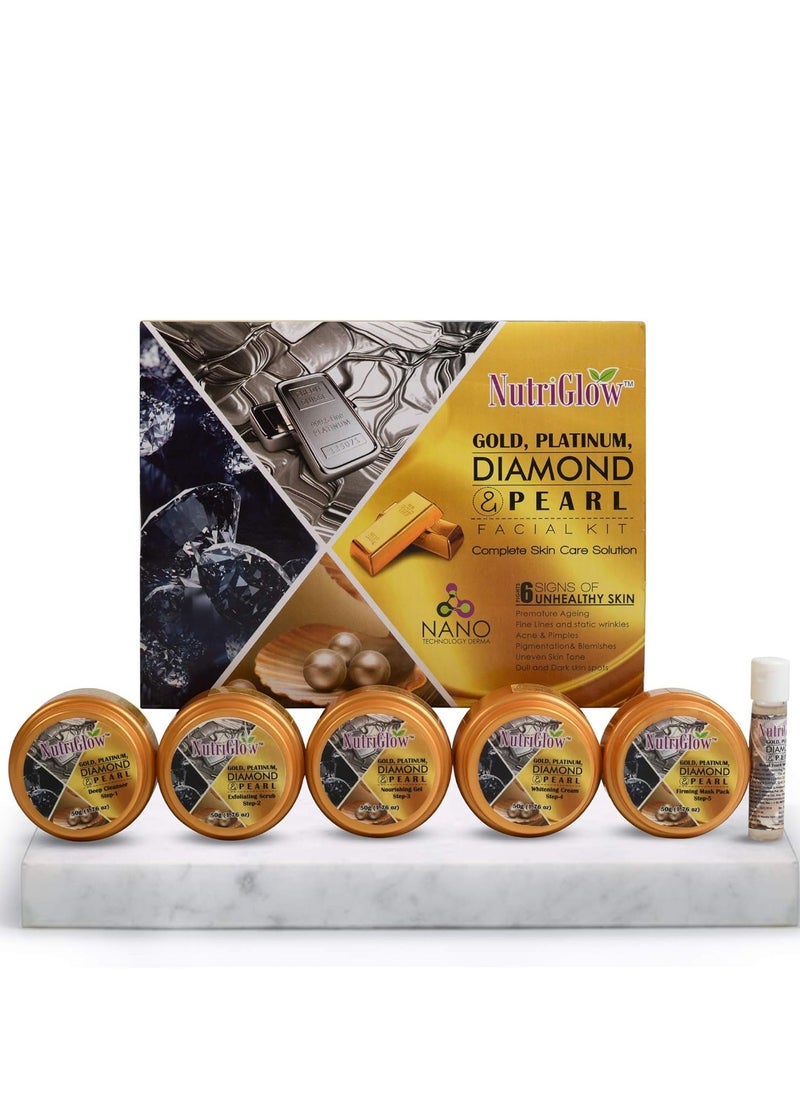 NutriGlow Platinum Diamond Gold and Pearl Facial kit 6-Pieces Skin Care Kit For Women, 250 gm+10ml