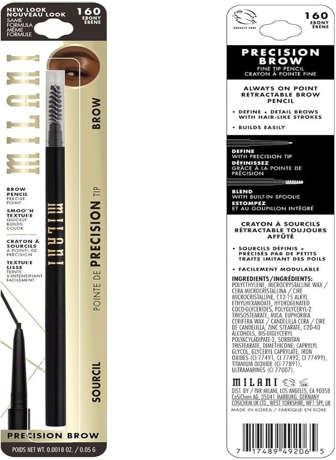 Milani Stay Put Precision Brow Pencil in Ebony 160 – Waterproof, Ultra-Fine Tip for Precise Application, Long-Lasting Smudge-Proof Brow Enhancer