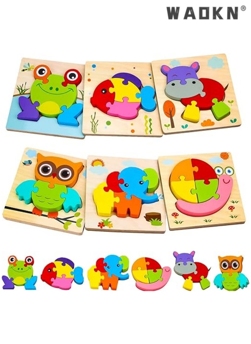 6Pcs 3D Wooden Jigsaw Puzzles for Toddlers Kids Preschool Educational Learning Toys for Toddlers 1-3,Baby Wooden Puzzles for 1 2 3 4 Year Old,Montessori Toys Gifts for Toddlers Boys Girls