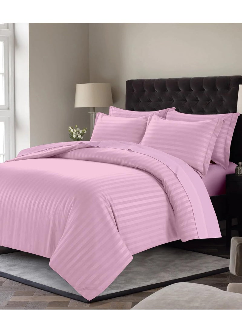 6 Piece Premium King Size Bedding Set, Pink Striped Design and High Quality Cotton Hotel Luxury Bedsheet, Soft Quilt Cover and Pillowcases