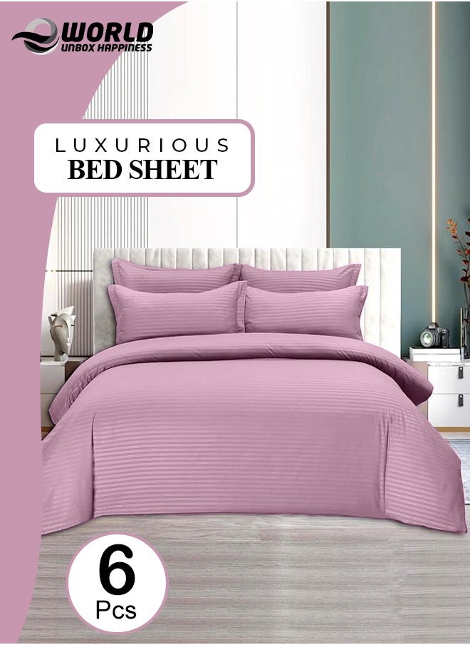 6 Piece Premium King Size Bedding Set, Pink Striped Design and High Quality Cotton Hotel Luxury Bedsheet, Soft Quilt Cover and Pillowcases