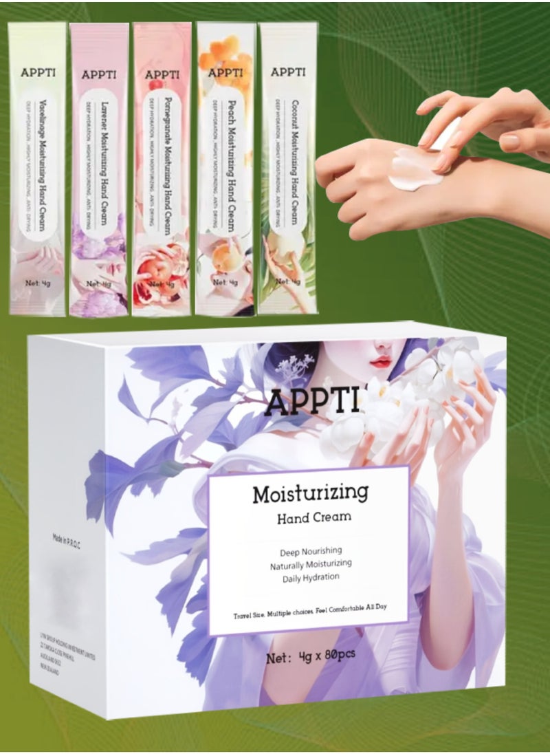 80Pcs Moisturizing Hand Cream Relieves and Repairs Hand Lotion Travel Size Hand Cream 5 Variety Fragrance Vacelinage Peach Lavender Pomegranate and Coconut Hand Cream Sachets